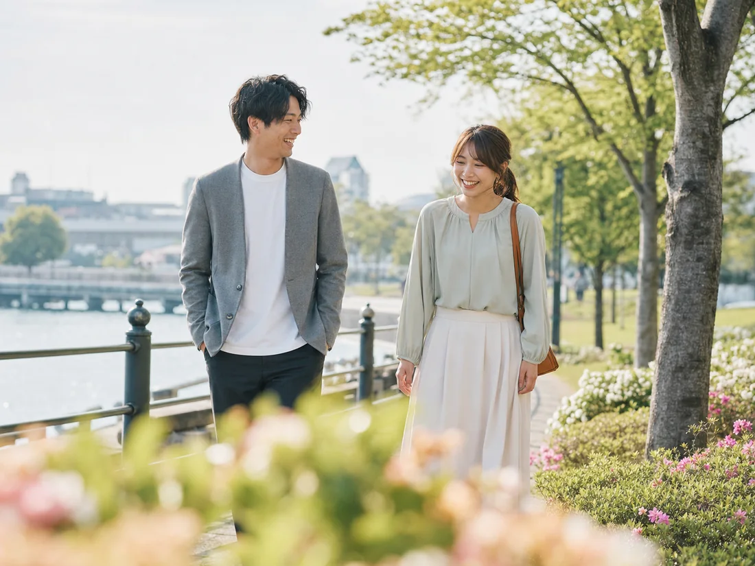 水辺の公園を歩きながら会話する二人