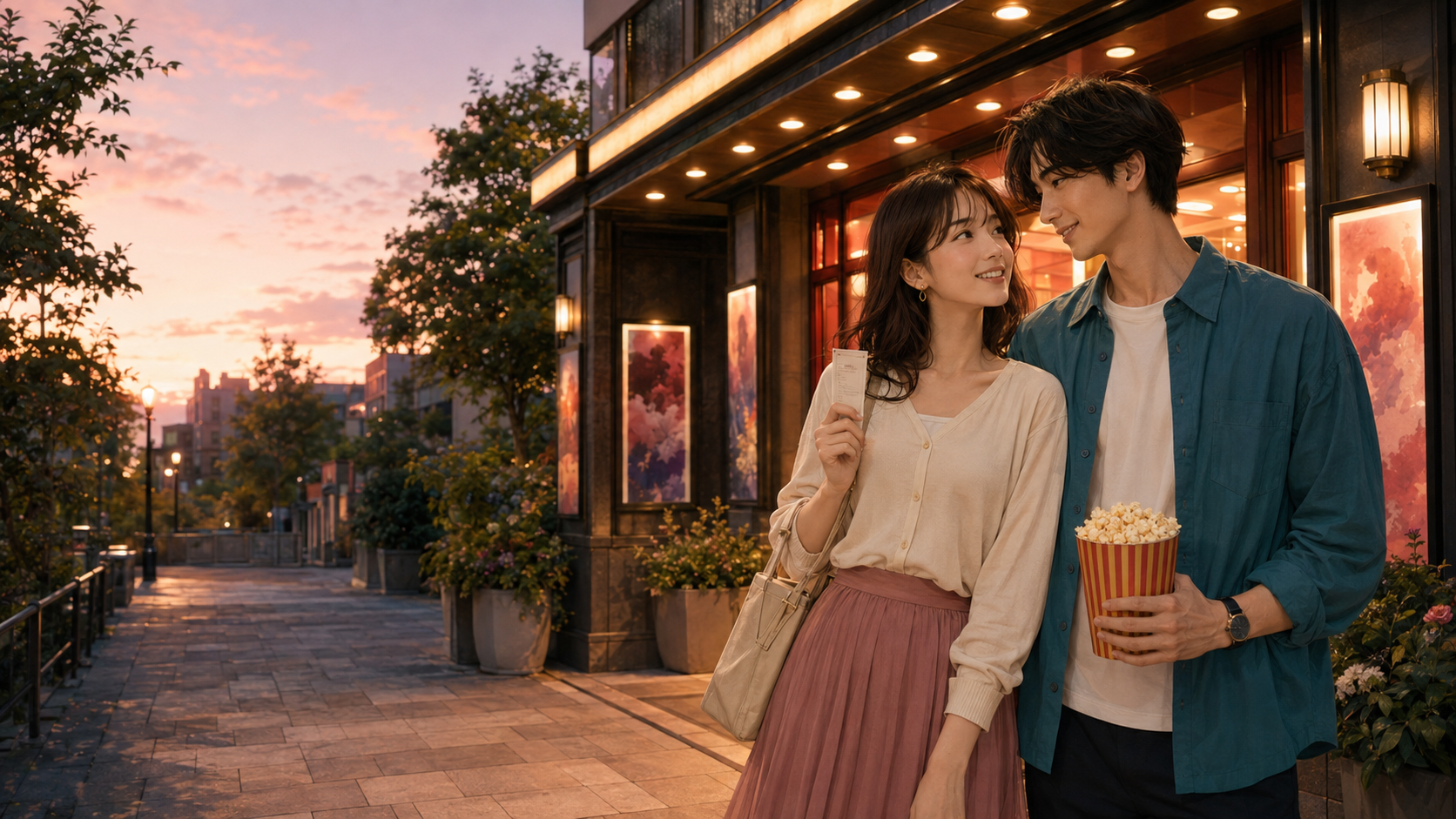映画館の前で、同じ映画を楽しみにしている大人の二人